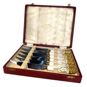 Set of 13 Royal Crown Derby Vine Gold Steak Knives Bone China Handles